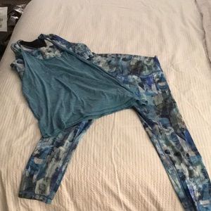 Lululemon multi-color (blue/green) leggings with sports bra/tank set.